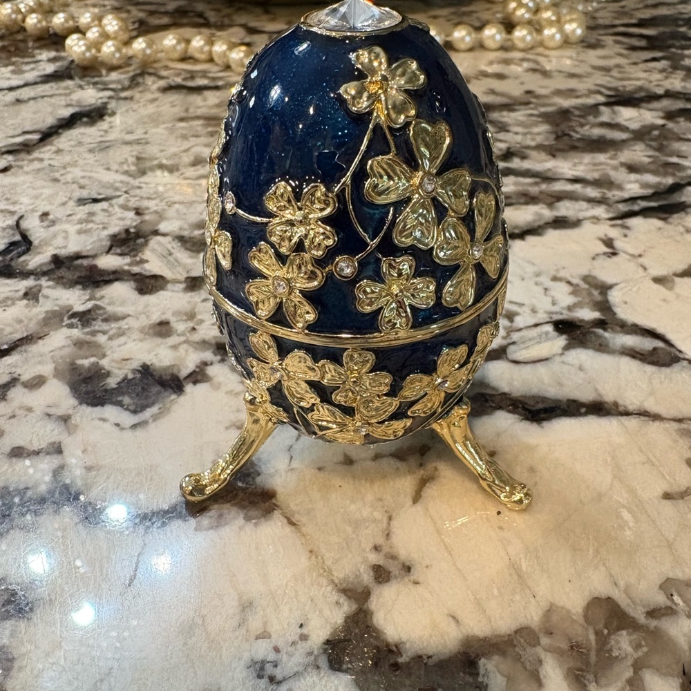 Navy and Gold Decorative Music Egg with Floral Design and Crystal Detail